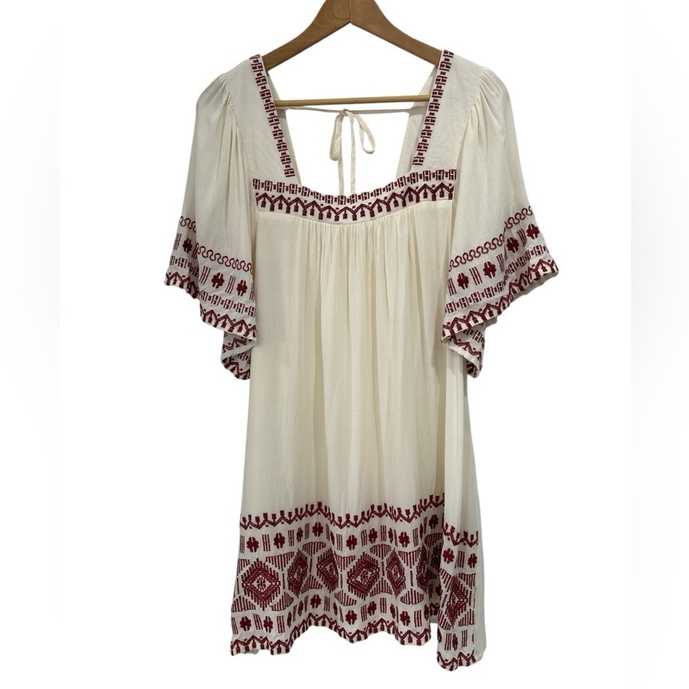 Entro Boho Square Neck Embroidered Flowy Mini Dress in Cream and Rust - Small